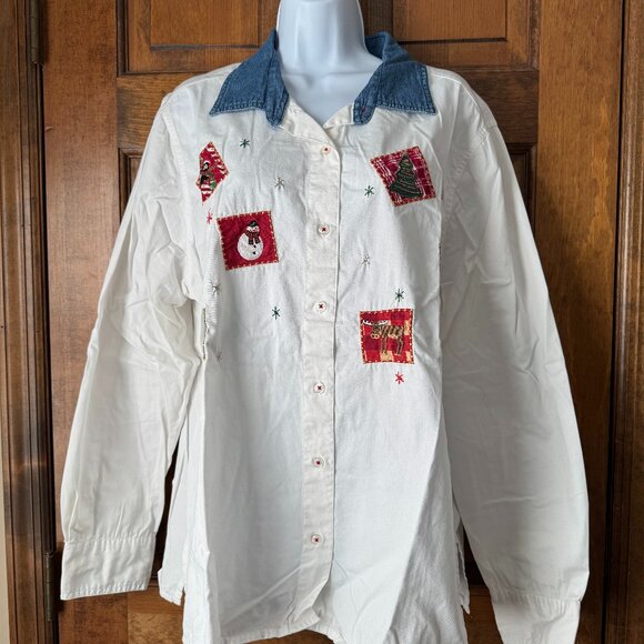 Artic White w/Denim Collar Christmas Button-Down Shirt XX-Large - Picture 1 of 15
